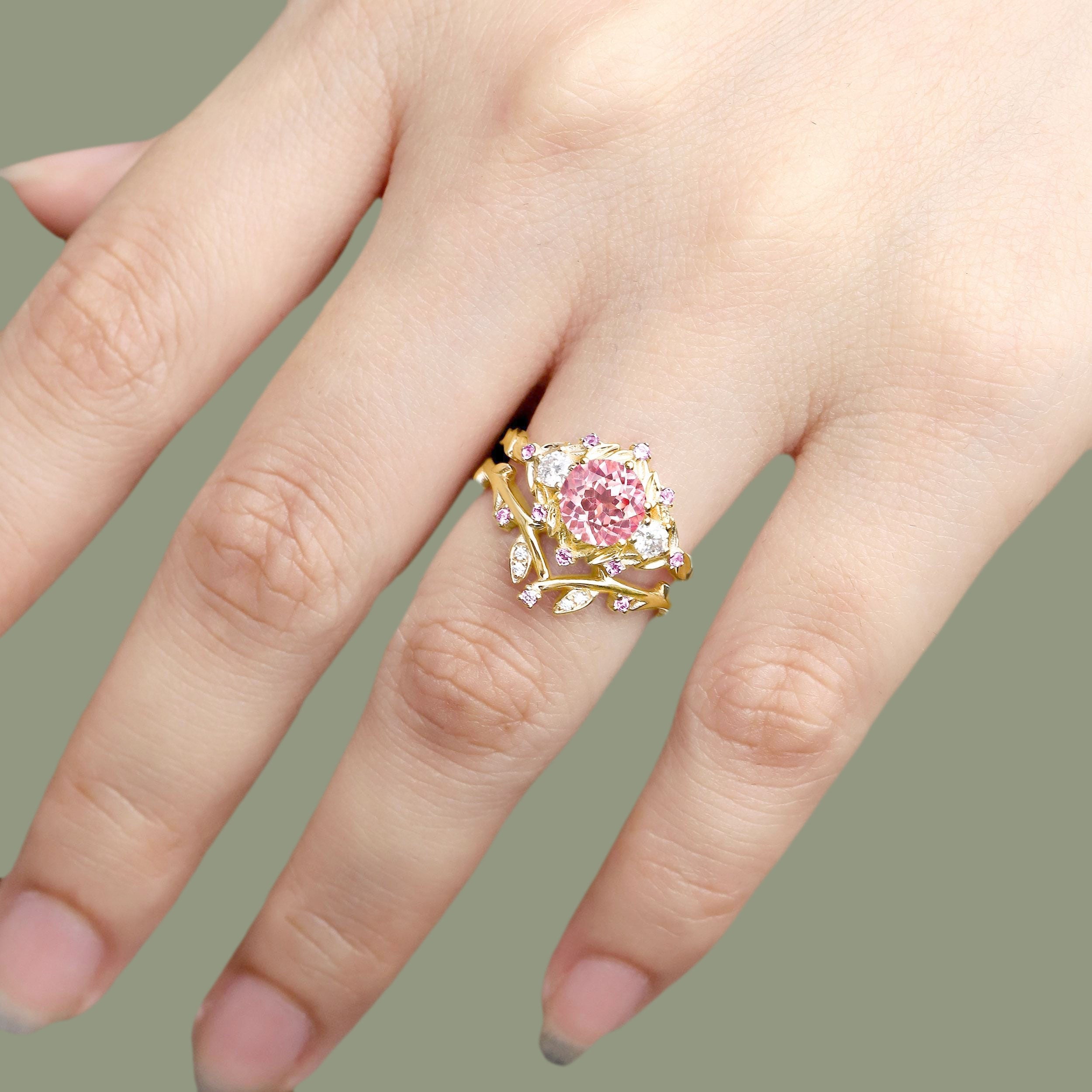 Unique floral engagement rings Round Lab Padparadscha Twig Engagement Ring Set Dainty Leaf 18K Yellow Gold Wedding Ring Set