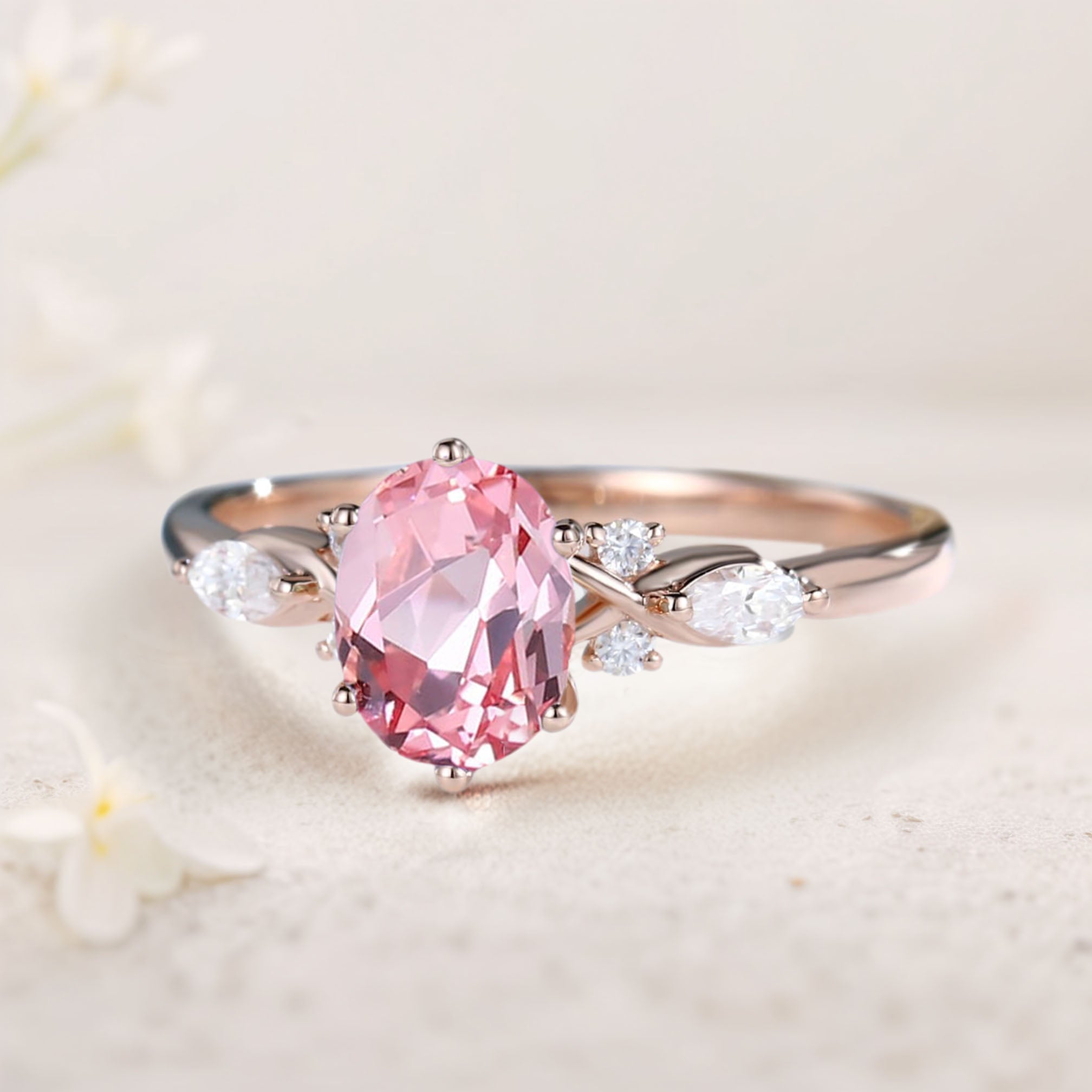 Vintage Oval Lab Padparadscha and Moissanite 18K Rose Gold Engagement Ring