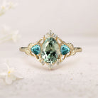 Unique Pear Green Lab Sapphire and Tear Moissanite Leaf Ring 18K Yellow Gold Engagement Ring