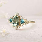 Unique Pear Green Lab Sapphire and Tear Moissanite Leaf Ring 18K Yellow Gold Engagement Ring