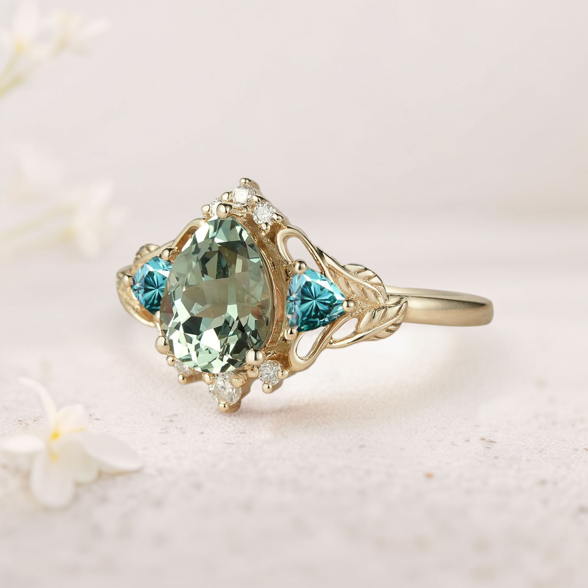 Unique Pear Green Lab Sapphire and Tear Moissanite Leaf Ring 18K Yellow Gold Engagement Ring