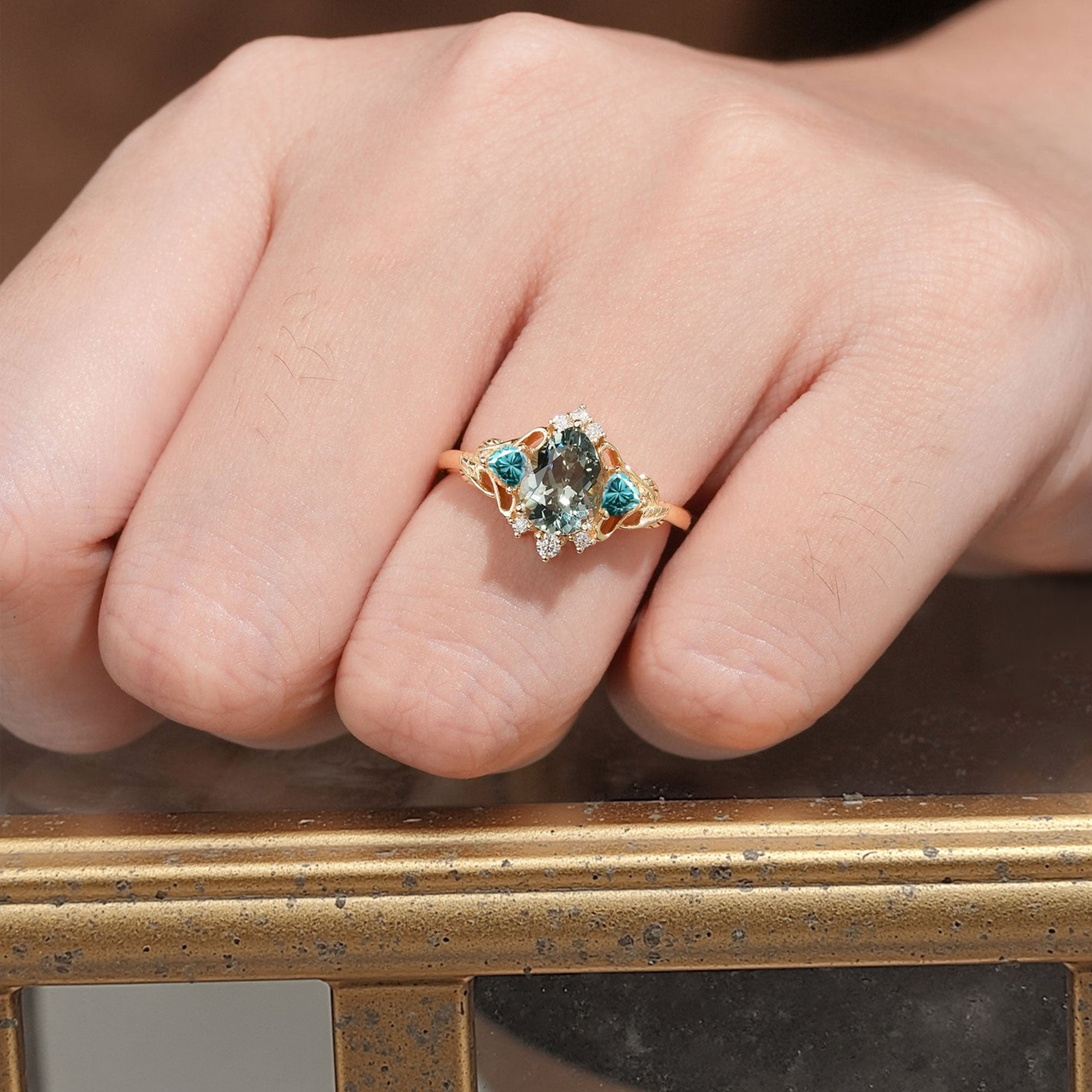 Unique Pear Green Lab Sapphire and Tear Moissanite Leaf Ring 18K Yellow Gold Engagement Ring