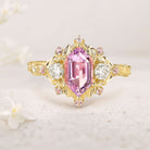 Unique Long Hexagon Pink Lab Sapphire Cluster 18K Yellow Gold Wedding Ring Promise Ring For Women
