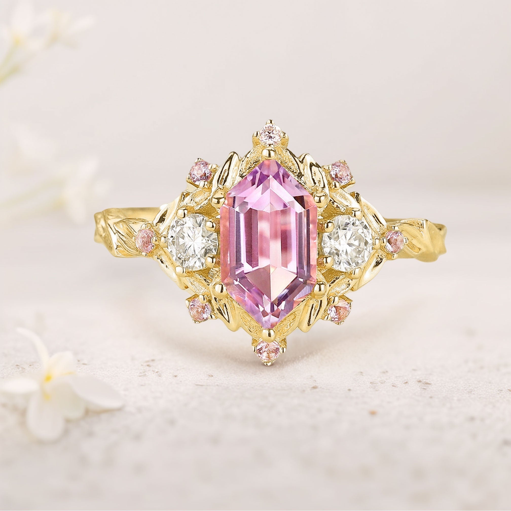 Unique Long Hexagon Pink Lab Sapphire Cluster 18K Yellow Gold Wedding Ring Promise Ring For Women