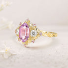 Unique Long Hexagon Pink Lab Sapphire Cluster 18K Yellow Gold Wedding Ring Promise Ring For Women