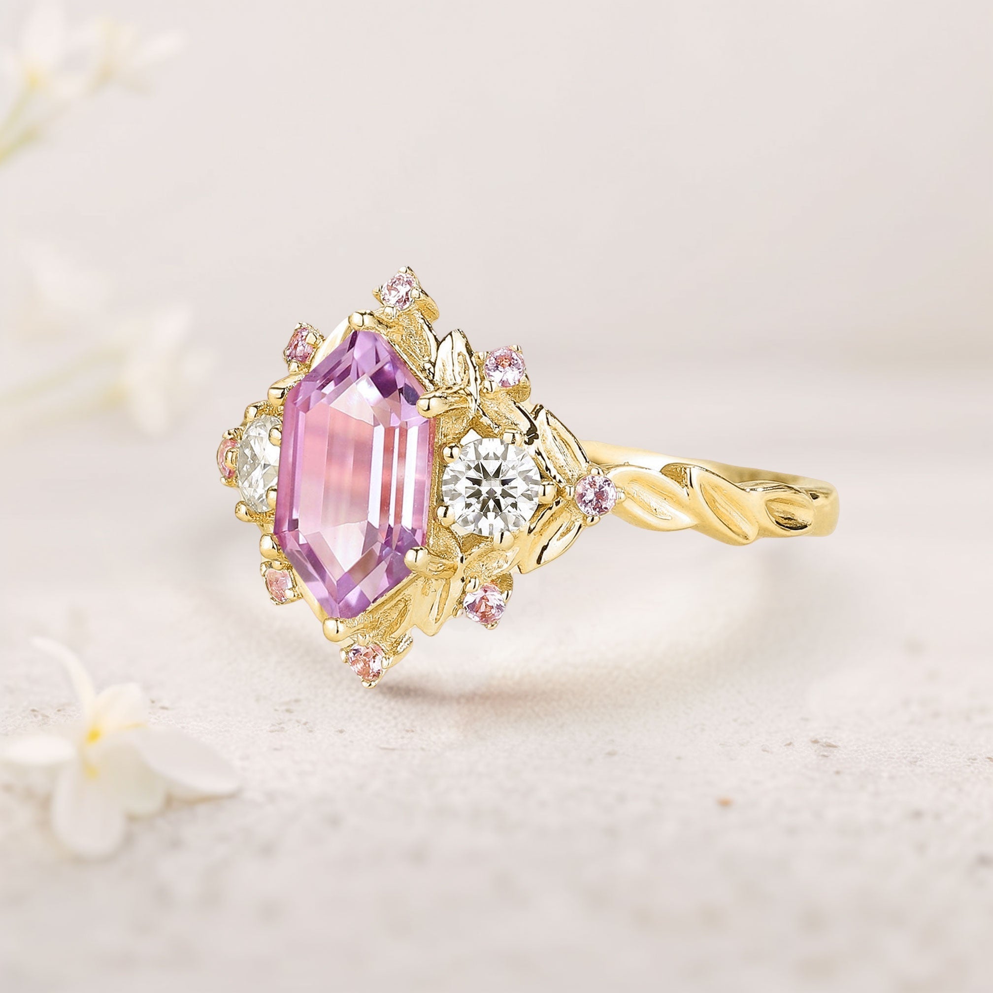 Unique Long Hexagon Pink Lab Sapphire Cluster 18K Yellow Gold Wedding Ring Promise Ring For Women