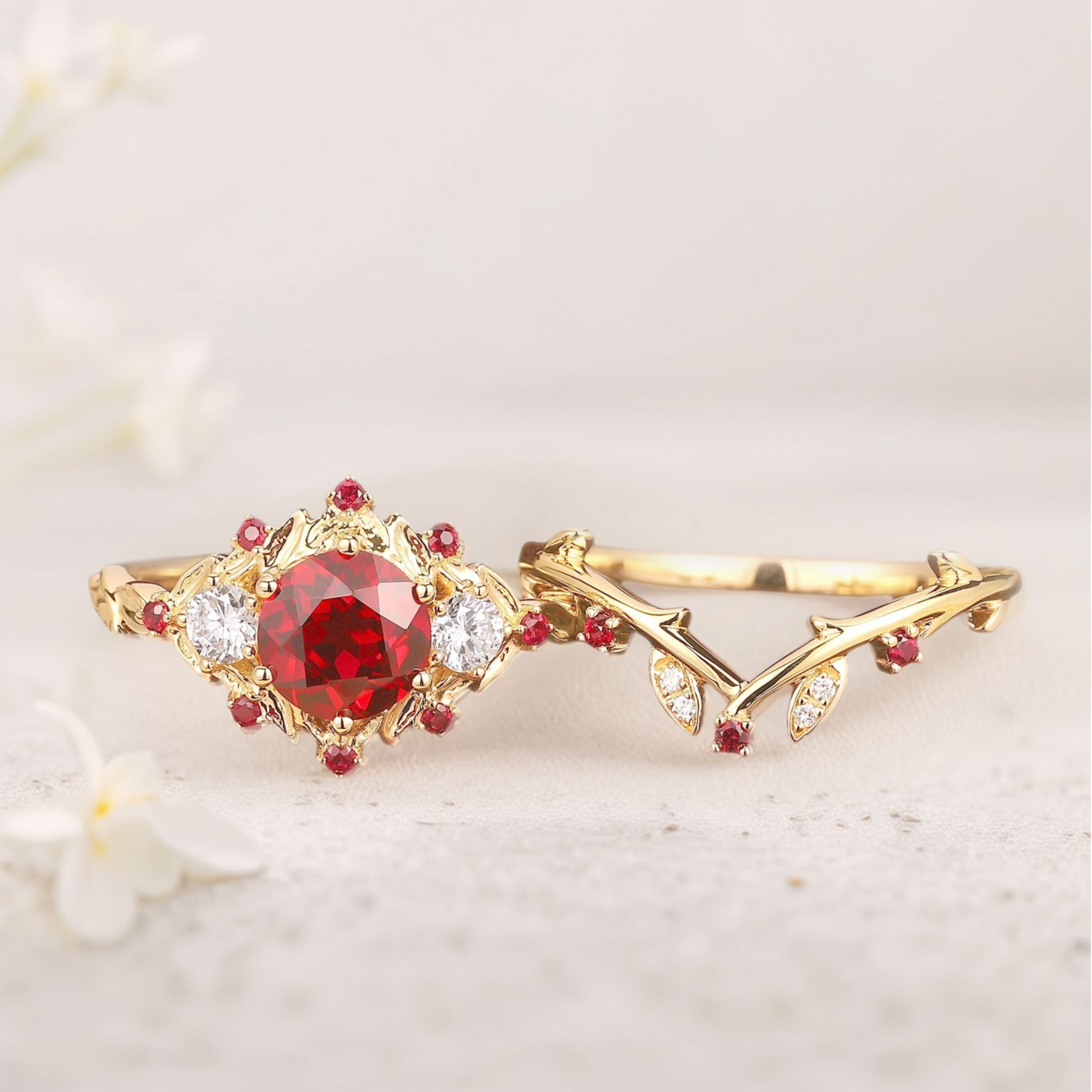 Vintage floral engagement rings Round Lab Ruby Bridal Promise Ring Set Ruby Leaf 18K Yellow Gold Engagement Ring Set