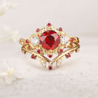 Vintage floral engagement rings Round Lab Ruby Bridal Promise Ring Set Ruby Leaf 18K Yellow Gold Engagement Ring Set