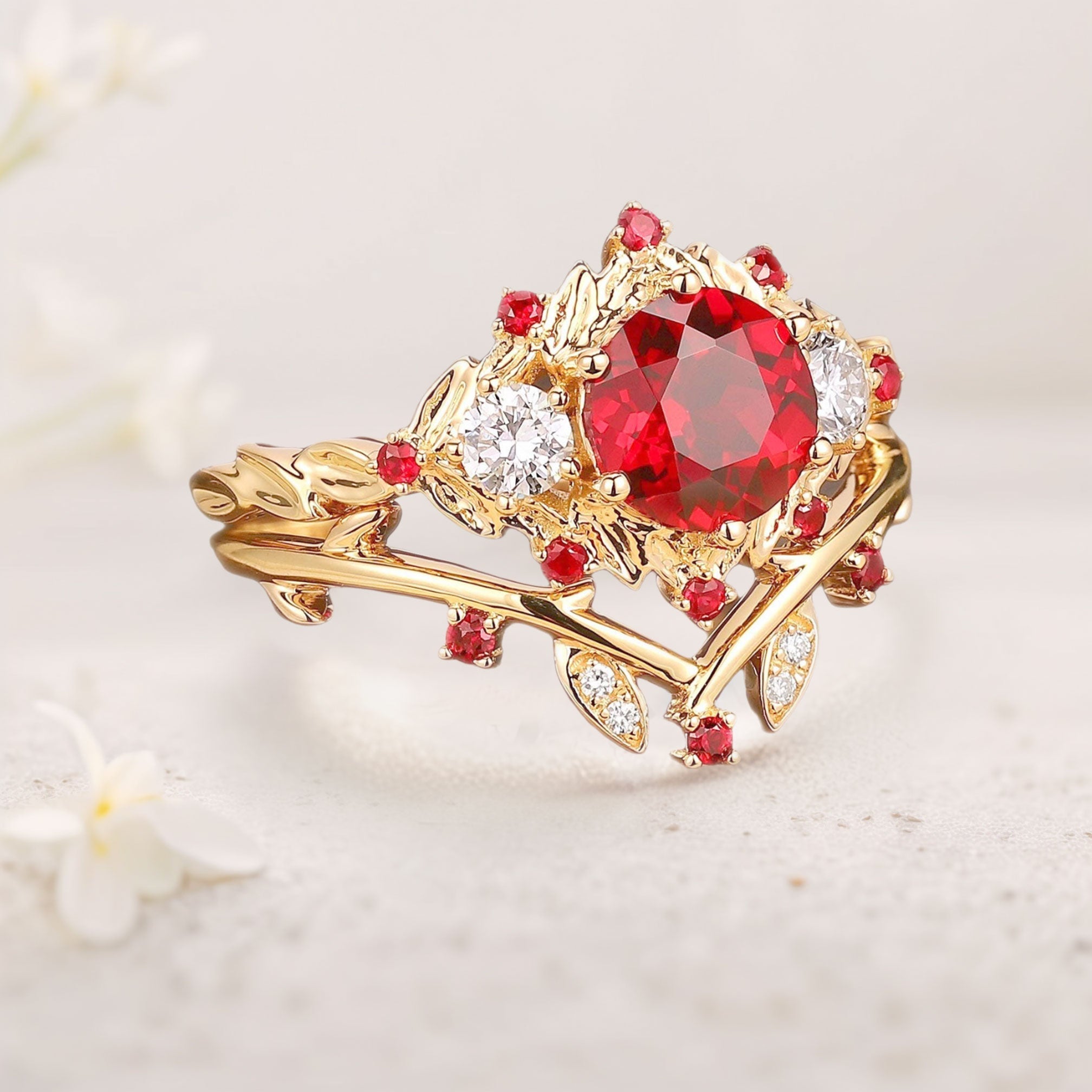 Vintage floral engagement rings Round Lab Ruby Bridal Promise Ring Set Ruby Leaf 18K Yellow Gold Engagement Ring Set