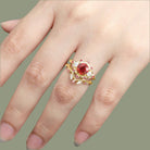 Vintage floral engagement rings Round Lab Ruby Bridal Promise Ring Set Ruby Leaf 18K Yellow Gold Engagement Ring Set