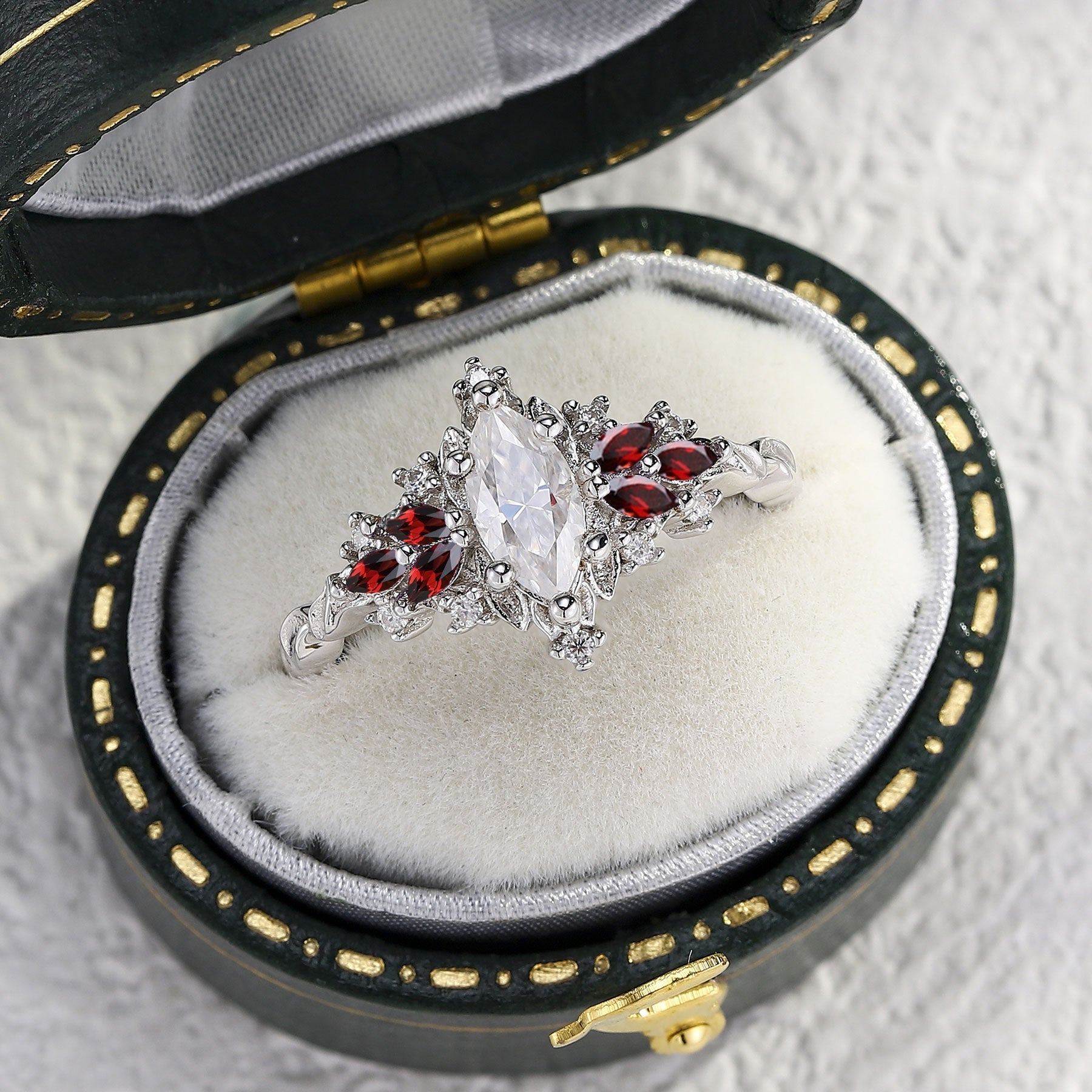 Customize your own Unique Starlight Marquise Moissanite and Lab Ruby 18K White Gold Ring