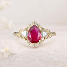 Unique Pear Lab Ruby and Moissanite side stones Leaf Ring 18K Yellow Gold Engagement Ring
