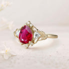 Unique Pear Lab Ruby and Moissanite side stones Leaf Ring 18K Yellow Gold Engagement Ring
