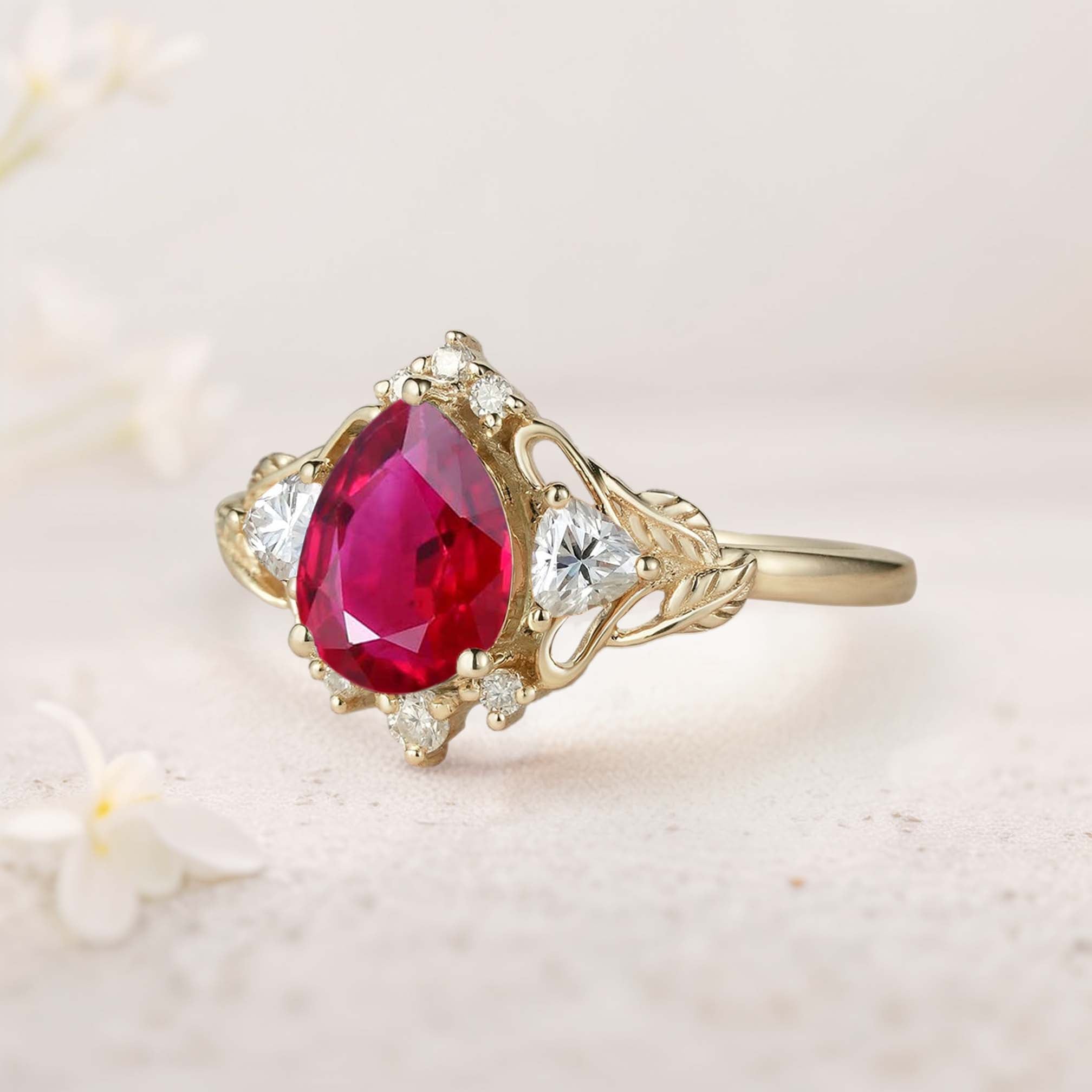 Unique Pear Lab Ruby and Moissanite side stones Leaf Ring 18K Yellow Gold Engagement Ring