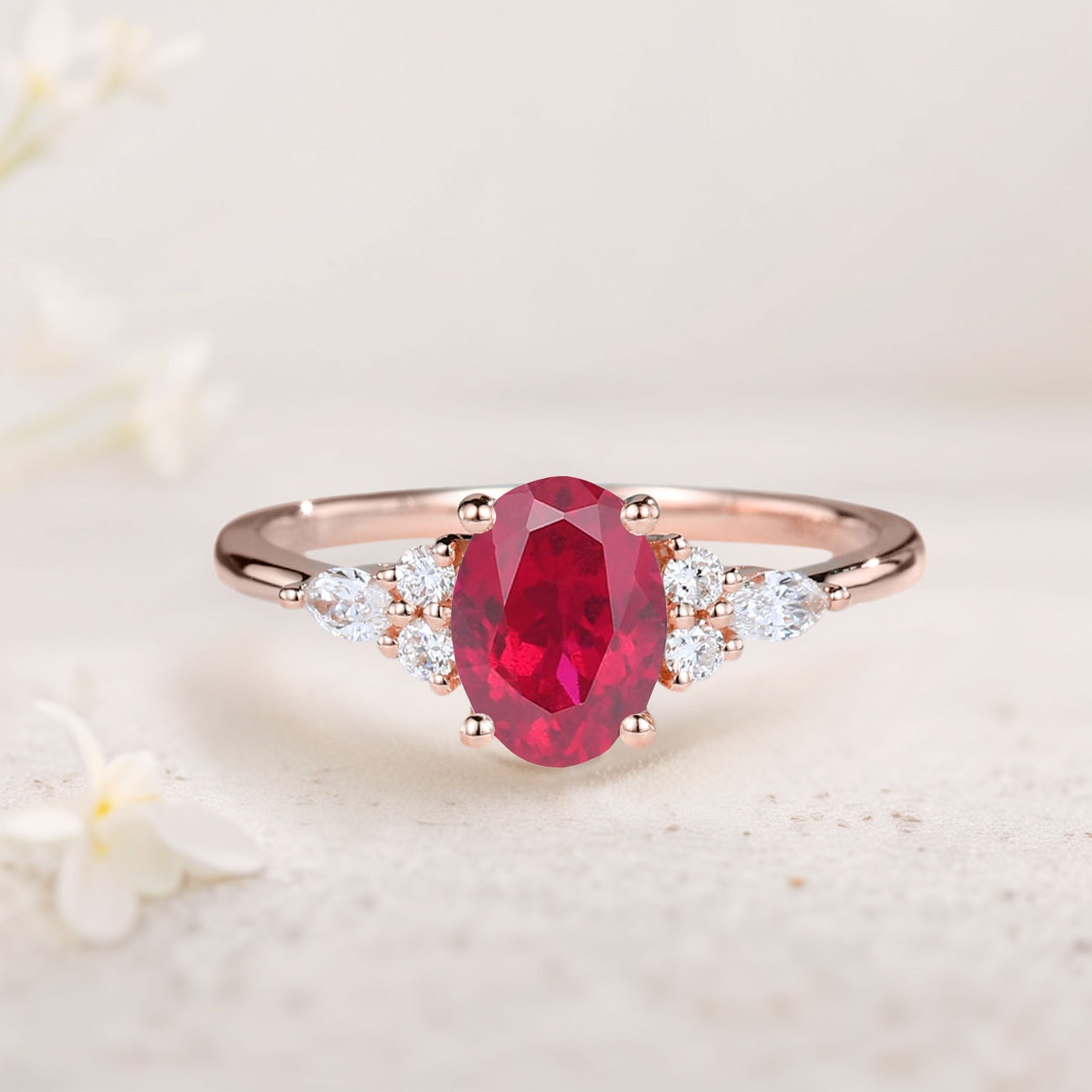 Vintage Oval Lab Ruby Cluster 18K Rose Gold Engagement Ring 