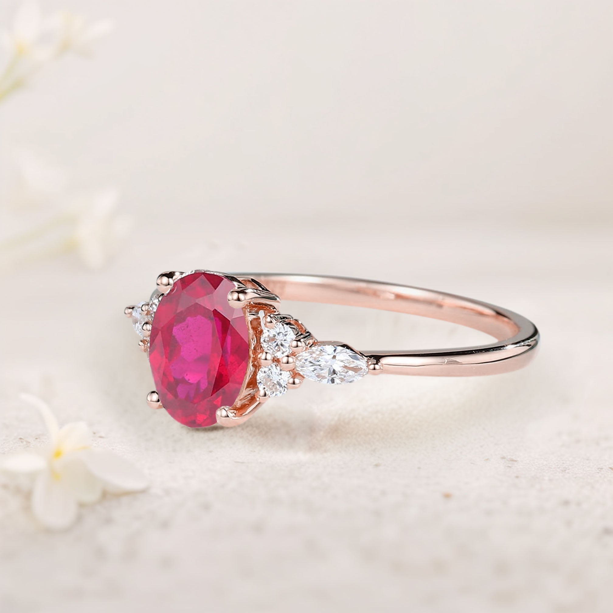 Vintage Oval Lab Ruby Cluster 18K Rose Gold Engagement Ring 