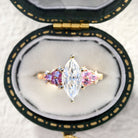 Unique Enchanted Garden Marquise Moissanite and Pink Sapphire 18K Yellow Gold Ring