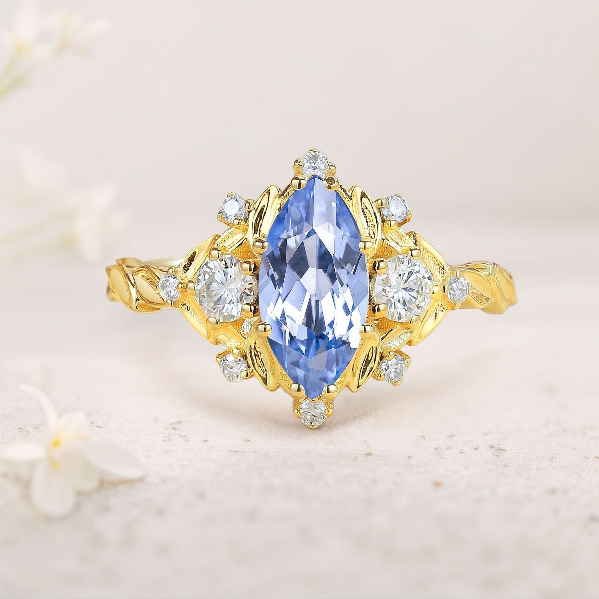 Unique floral engagement rings Marquise Lab Sapphire 18K Yellow Gold Engagement Ring Moissanite Cluster Promise Ring
