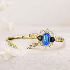 Unique Long Hexagon Lab Sapphire Leaf 18K Yellow Gold Engagement Ring Wedding Ring Set