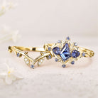 Unique floral engagement rings Kite Lab Sapphire Engagement Ring Set Sapphire Cluster Ring Leaf Floral 18K Yellow Gold Wedding Ring Set