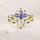 Unique floral engagement rings Kite Lab Sapphire Engagement Ring Set Sapphire Cluster Ring Leaf Floral 18K Yellow Gold Wedding Ring Set