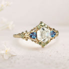 Unique Three Stone Hexagon Moissanite and Lab Alexandrite Leaf 18K Yellow Gold Ring