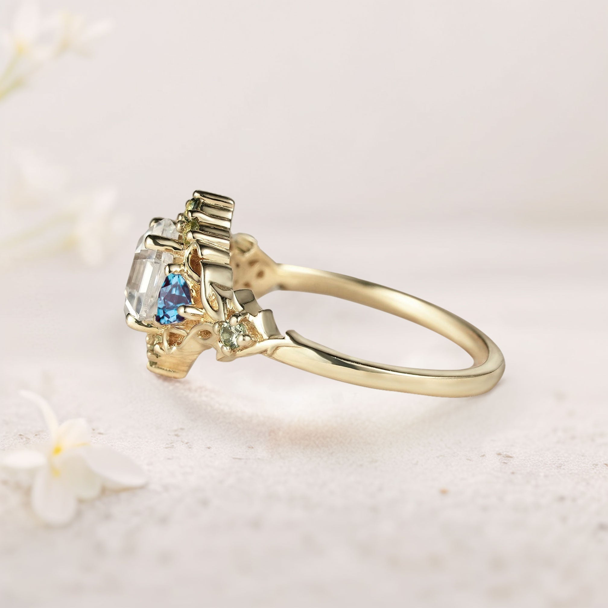 Unique Three Stone Hexagon Moissanite and Lab Alexandrite Leaf 18K Yellow Gold Ring