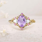Unique Three Stone Oval Amethyst and Moissanite 18K Yellow Gold Engagement Ring