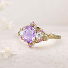 Unique Three Stone Oval Amethyst and Moissanite 18K Yellow Gold Engagement Ring