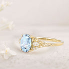Unique Oval Lab Aquamarine and Moissanite 18K Yellow Gold Wedding Ring