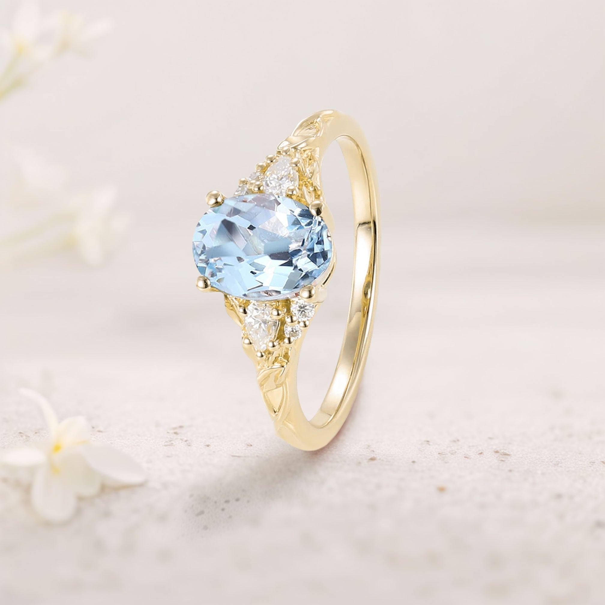 Unique Oval Lab Aquamarine and Moissanite 18K Yellow Gold Wedding Ring