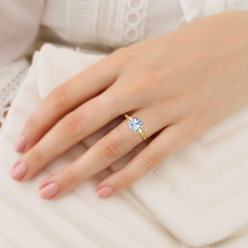 Unique Oval Lab Aquamarine and Moissanite 18K Yellow Gold Wedding Ring