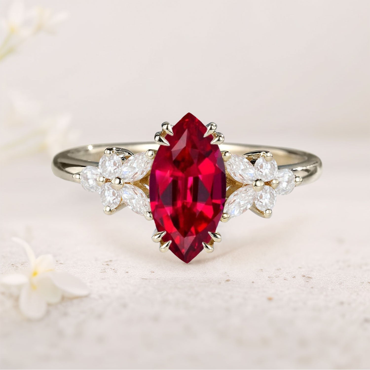 Unique Marquise Lab Ruby 18K Yellow Gold Engagement Ring Floral Elegance Bridal Ring