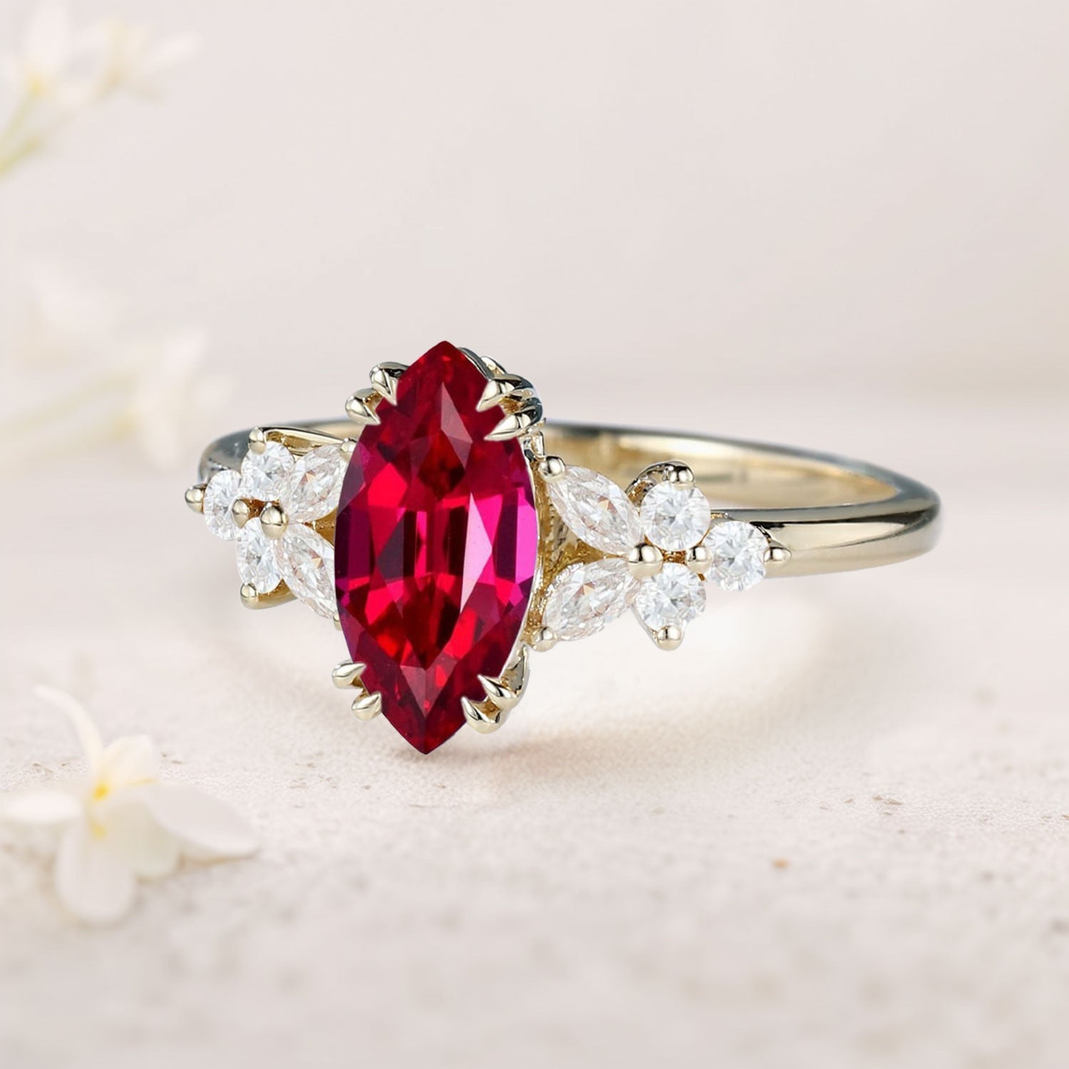 Unique Marquise Lab Ruby 18K Yellow Gold Engagement Ring Floral Elegance Bridal Ring