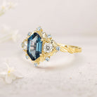 Unique floral engagement rings Long Hexagon Lab Topaz Engagement Ring Flower Leaf Design Topaz Cluster 18K Yellow Gold Promise Ring