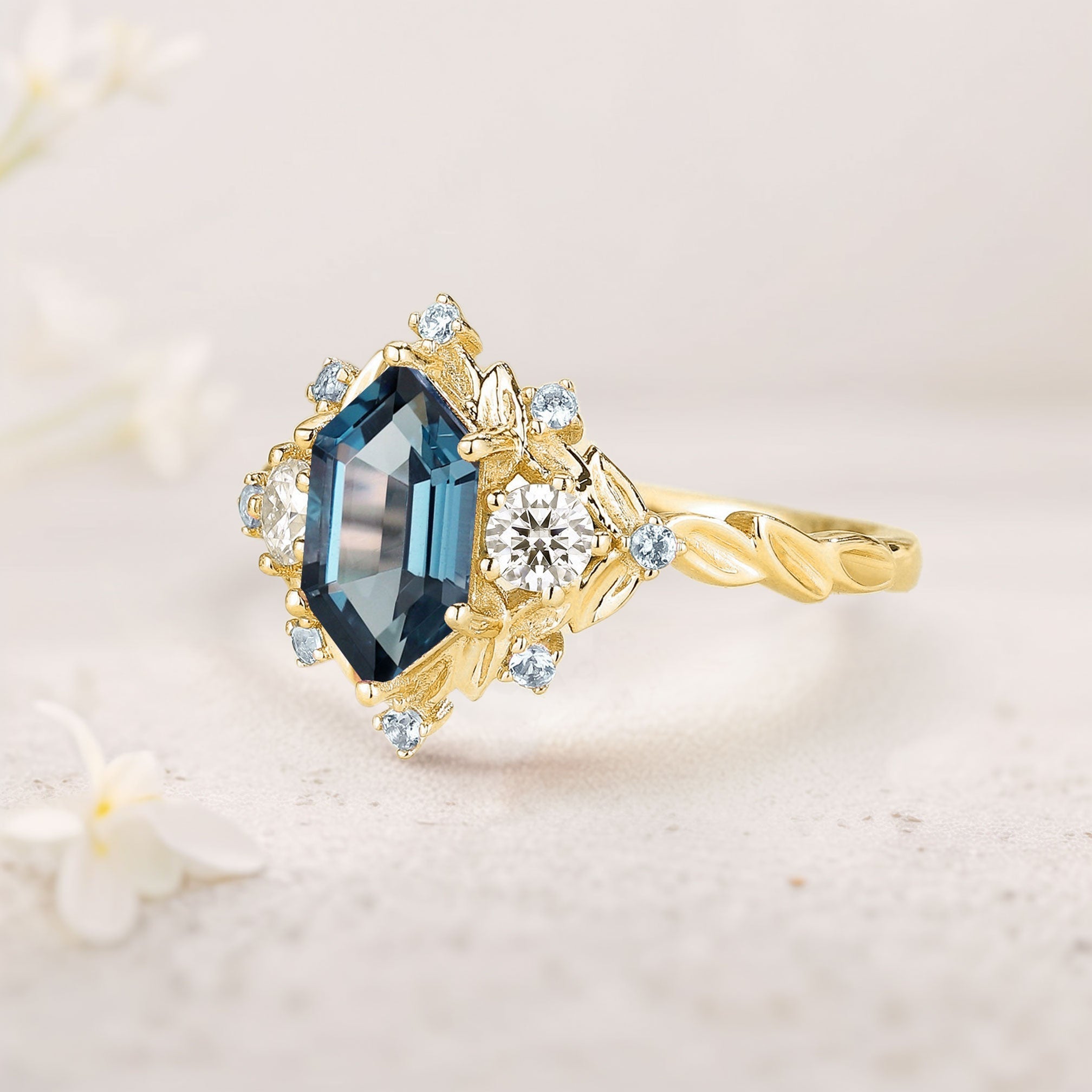 Unique floral engagement rings Long Hexagon Lab Topaz Engagement Ring Flower Leaf Design Topaz Cluster 18K Yellow Gold Promise Ring