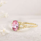 Unique Oval Pink Lab Padparadscha and Moissanite 18K Yellow Gold Wedding Ring