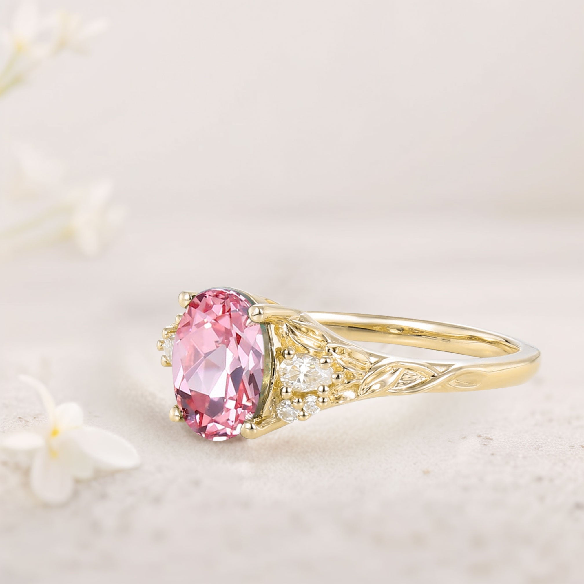Unique Oval Pink Lab Padparadscha and Moissanite 18K Yellow Gold Wedding Ring