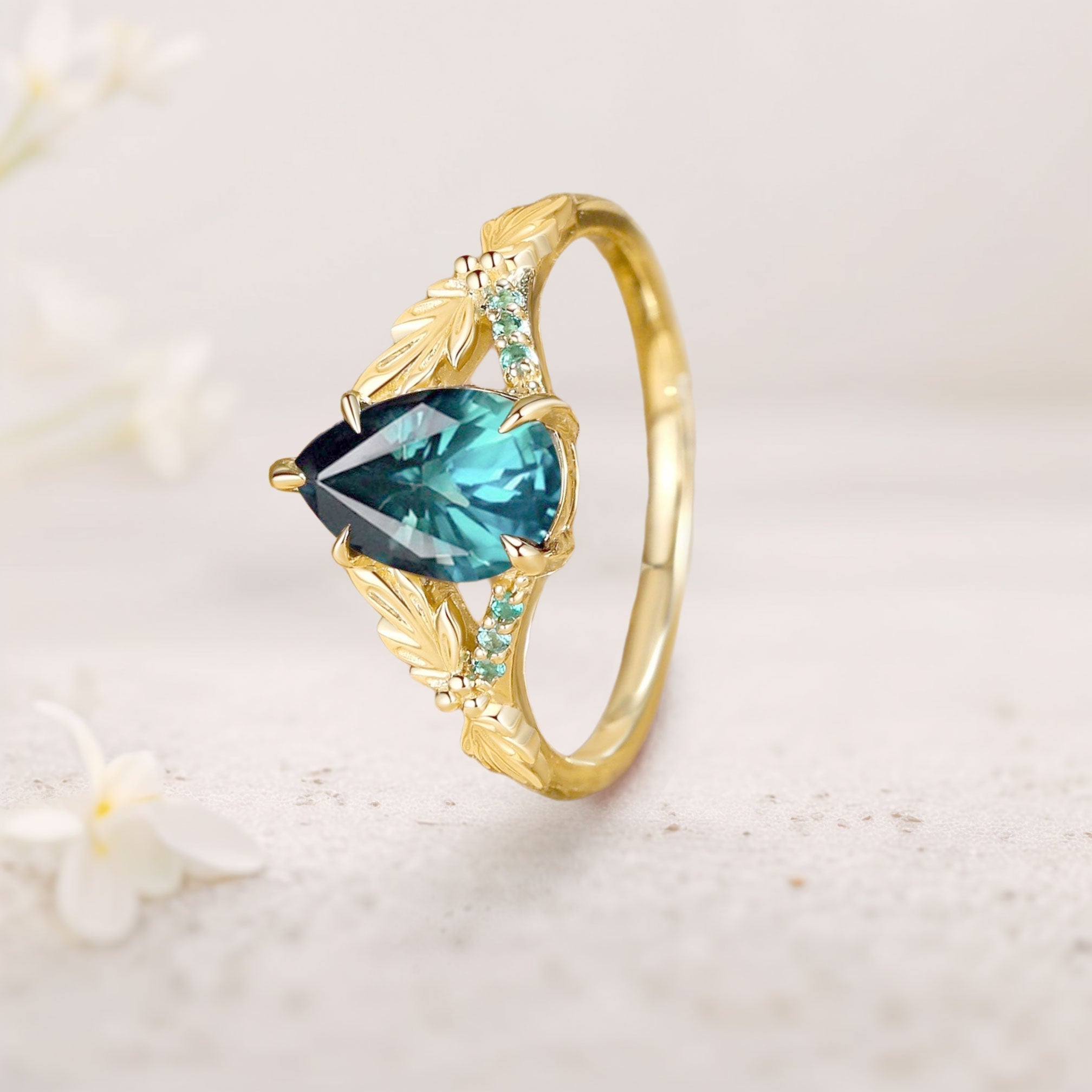 Unique floral engagement rings Pear Green Lab Sapphire Leaf 18K Yellow Gold Engagement Ring
