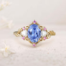 Unique Three Stone Oval Lab Sapphire 18K Yellow Gold Engagement Ring