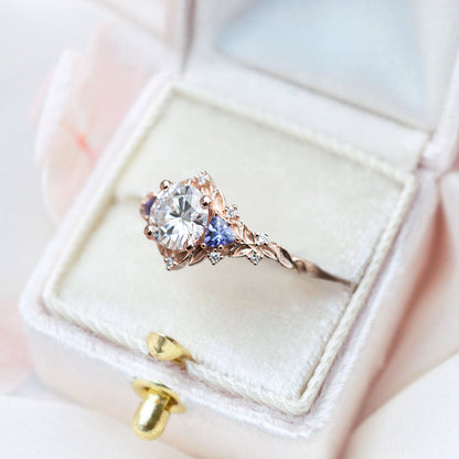 Unique Floral Rose Three Stone Round Moissanite Ring