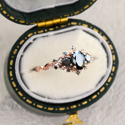 Unique Briar Rose Three Stone Oval Black Moissanite Ring