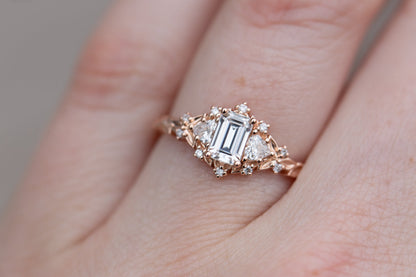 Unique Celeste Rose Three Stone Emerald cut Moissanite Ring