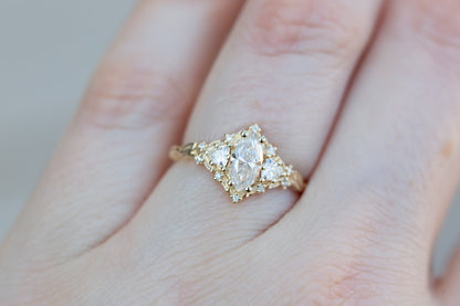 Unique Celeste Rose Three Stone Marquise Moissanite Ring