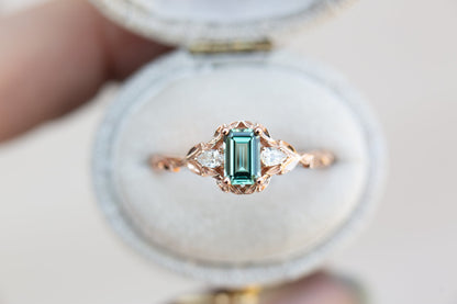 Unique Celeste Rose Three Stone Emerald cut Green Sapphire Ring
