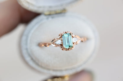 Unique Celeste Rose Three Stone Emerald cut Green Sapphire Ring