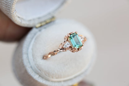 Unique Celeste Rose Three Stone Emerald cut Green Sapphire Ring