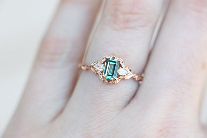 Unique Celeste Rose Three Stone Emerald cut Green Sapphire Ring
