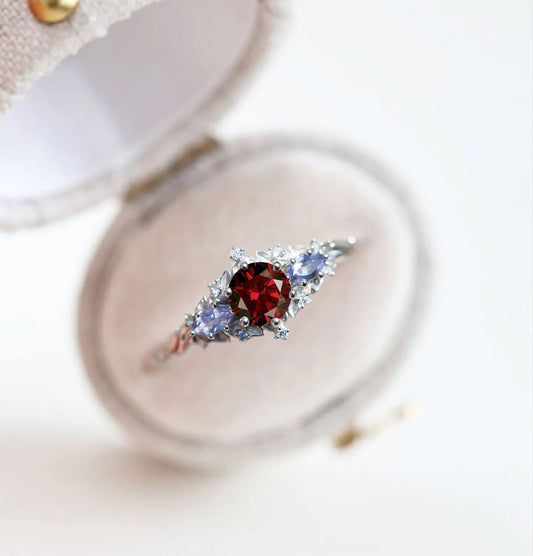 Unique Briar Rose Three Stone Round Garnet and Lab Tanzanite Anniversary Ring