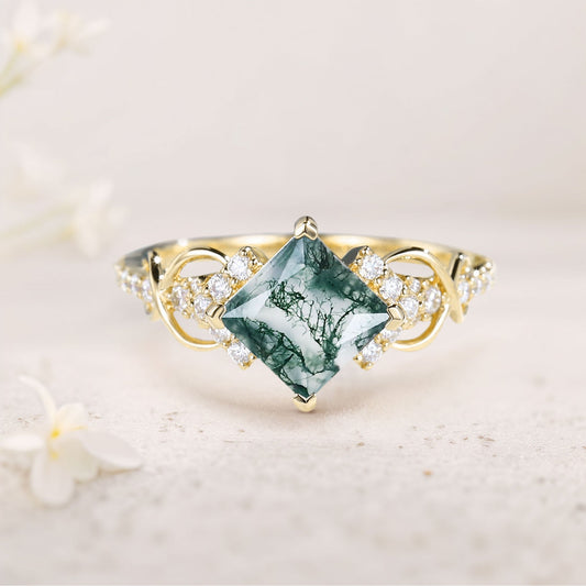 Vintage Princess Moss Agate Engagement Ring For Women